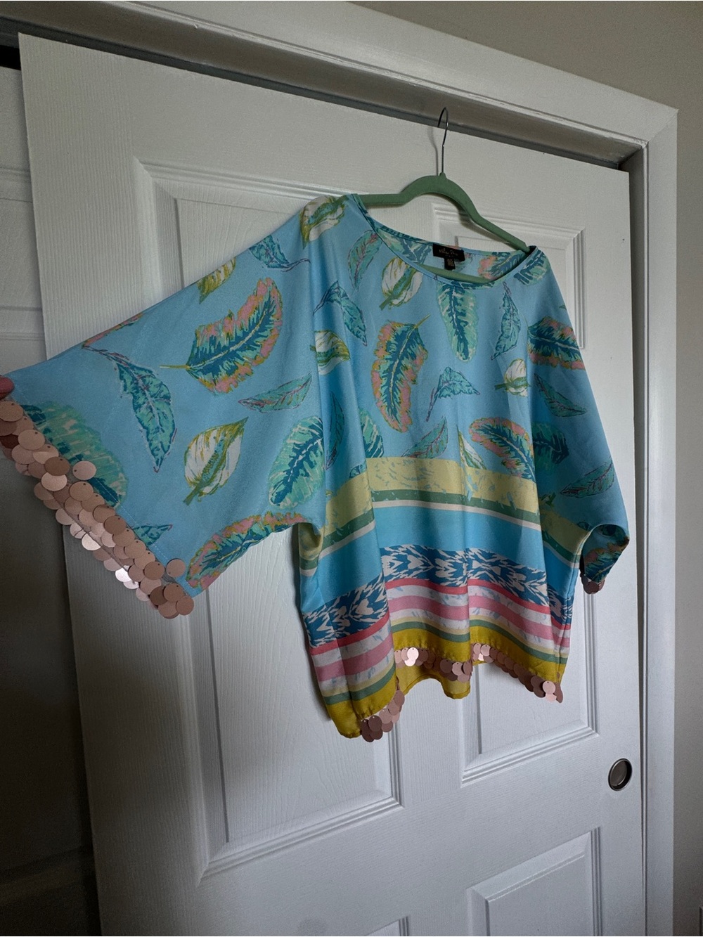 Melissa Paige Woman Blue Leaf Print Sequin Trim Top – Size 1X